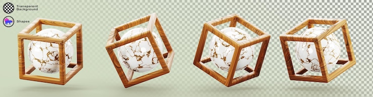 PSD marco de bloque de cubo de madera 3d con bola de mármol dentro del conjunto de íconos de renderización marco de alambre de caja cuadrada de madera geométrica abstracta con elemento de diseño de esfera de piedra blanca aislado en fondo verde