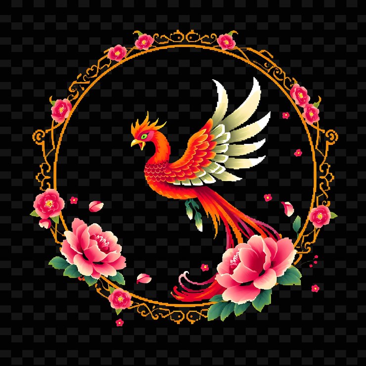 PSD el marco de borde del anillo de phoenix circular de píxeles un phoenix real forma el marco png estilo de marco chino