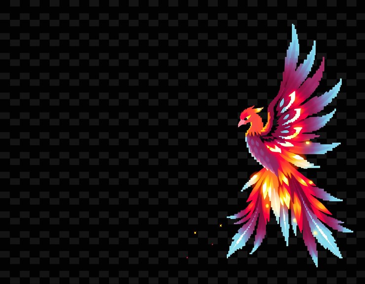 PSD marco con borde de fénix con plumas de píxeles, plumas de fénix radiantes y brillantes png estilo marco chino