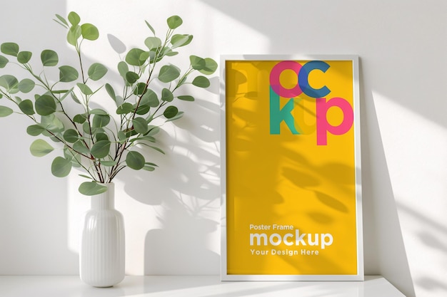 Marco de cartel Mockup con jarrones Plantas verdes en una mesa con luz de ventana