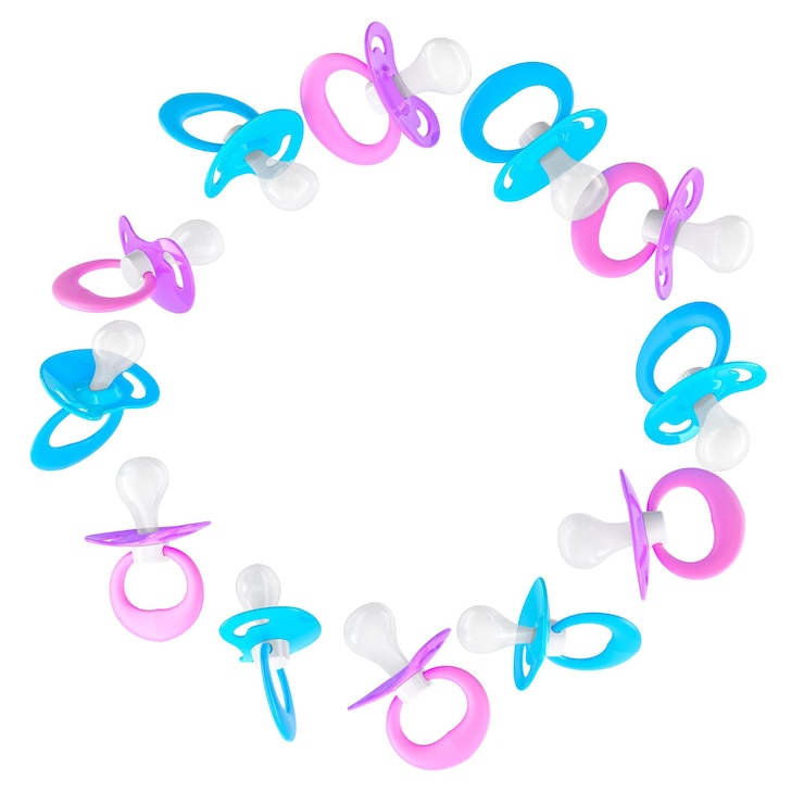 PSD marco de chupetes para bebés colores azules y rosados rendering 3d redondo aislado en fondo transparente