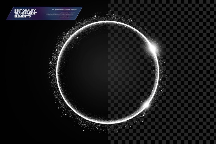 PSD marco circular brillante blanco sobre fondo negro con acentos plateados sobre fondo transparente