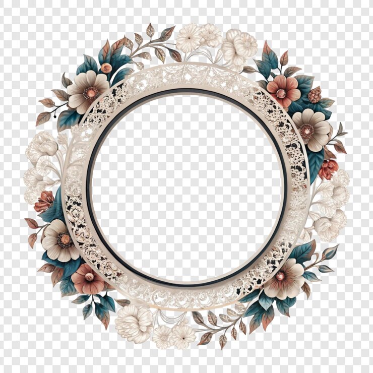 PSD marco circular floral adornado con acentos de color beige y azul azulado