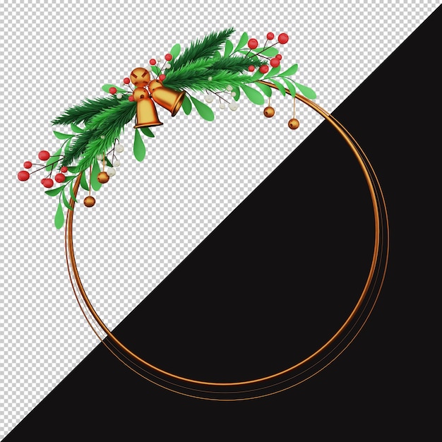 Marco circular de hilo dorado vacío decorado con jingle, campana redonda, hojas de abeto o pino, bayas sobre fondo blanco y negro.