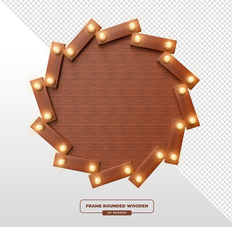 PSD marco circular de madera con bombillas 3d