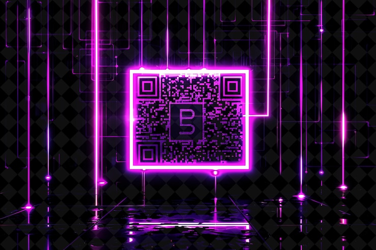 PSD marco de código de barras de neón png con patrones de código de barras de logotipo vechain y forma de neón gl y2k en fondo oscuro
