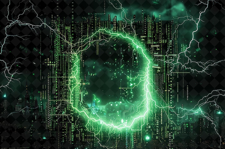 PSD marco de código de matriz png que encierra electroneum con código en cascada y2k forma de neón en fondo oscuro