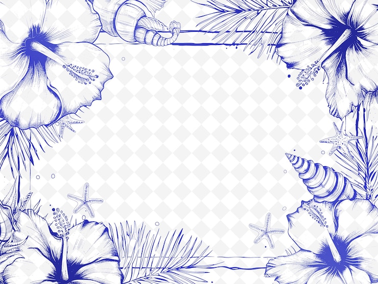 PSD marco de conchas decorado con flores de hibisco y conchas creativas diseños de arte vectorial de la naturaleza