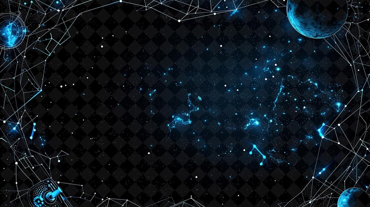 PSD marco de constelaciones brillantes png que presenta eos con telescopios una forma de neón y2k en un fondo oscuro