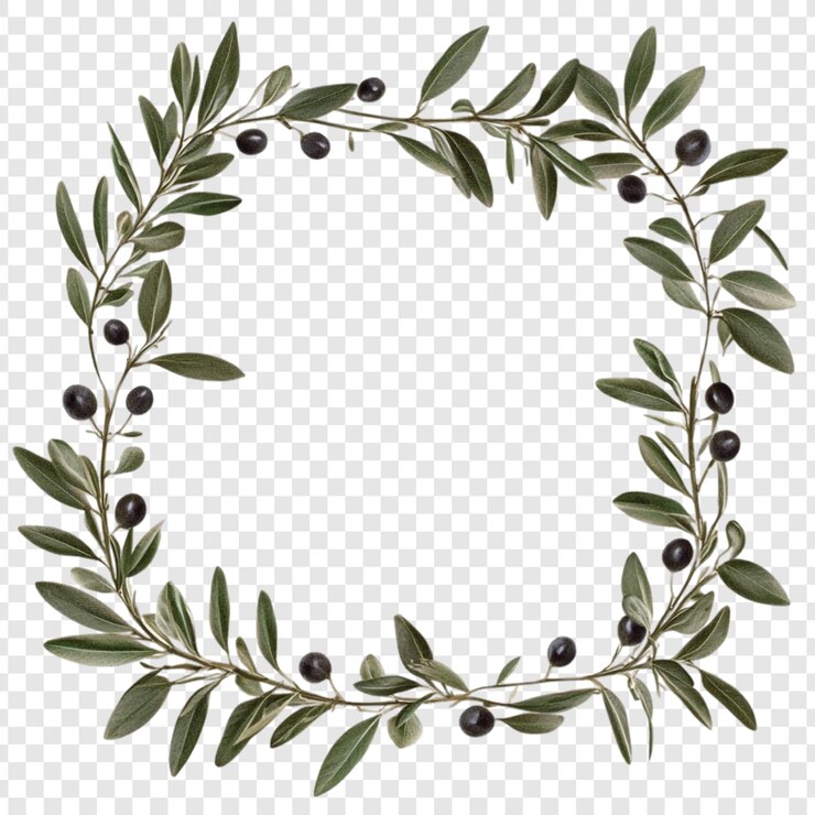 PSD marco de corona de rama de olivo diseño natural ilustración botánica hojas verdes aceitunas negras forma cuadrada borde elegante