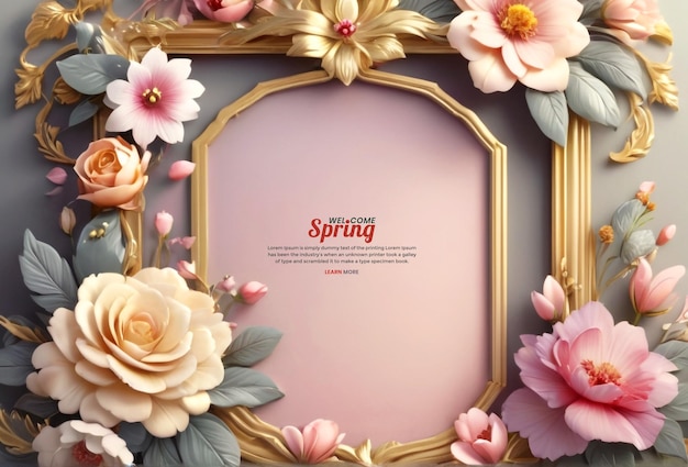 PSD marco cuadrado creativo 3d y bandera de venta de primavera con hermosas flores plantilla