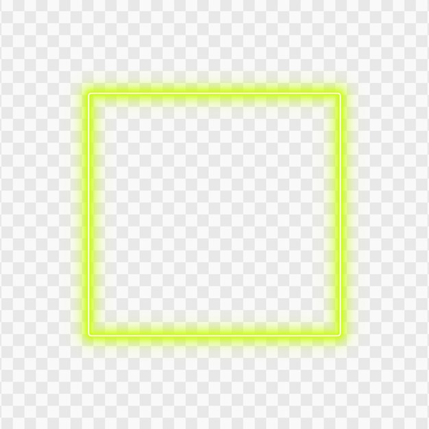 Marco cuadrado de neón amarillo aislado sobre un fondo transparente con borde brillante para la decoración