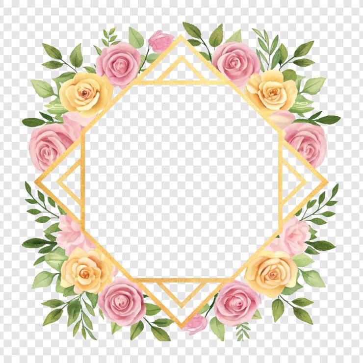 PSD marco dorado cuadrado con diseño de flores en acuarela