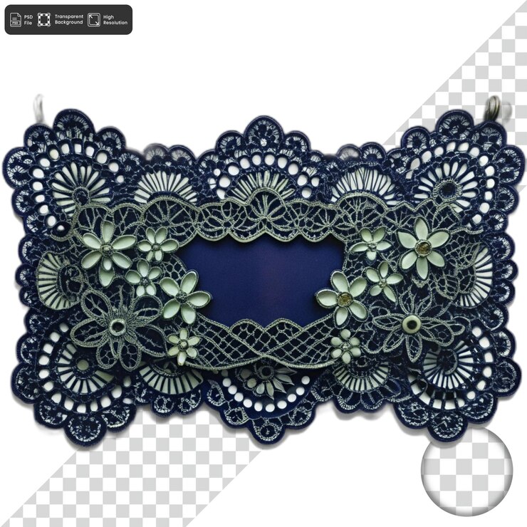 PSD marco de encaje floral adornado con fondo azul