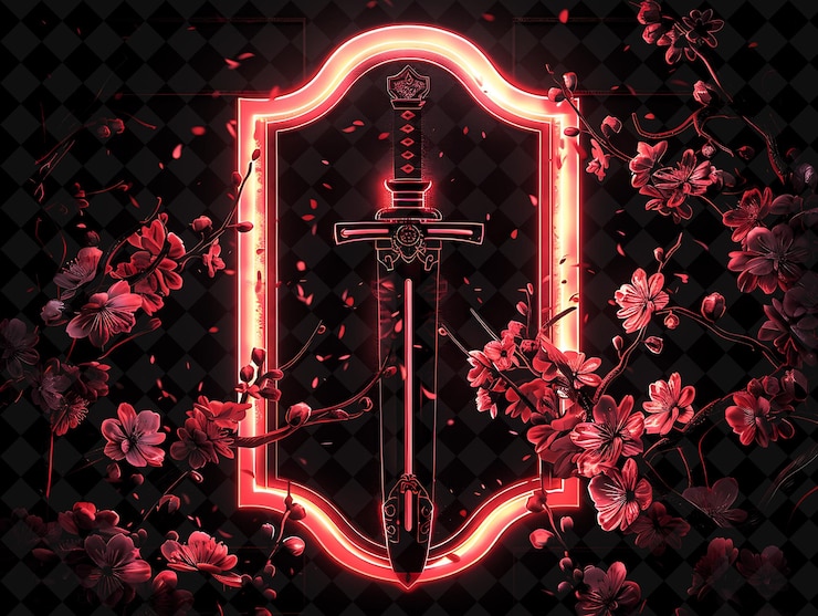PSD marco de la espada samurai png que envuelve zcoin con flores de cerezo y forma de neón y2k en fondo oscuro