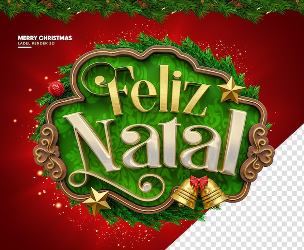 PSD marco de etiqueta de feliz navidad en render 3d realista con campana y adornos en portugués brasileño