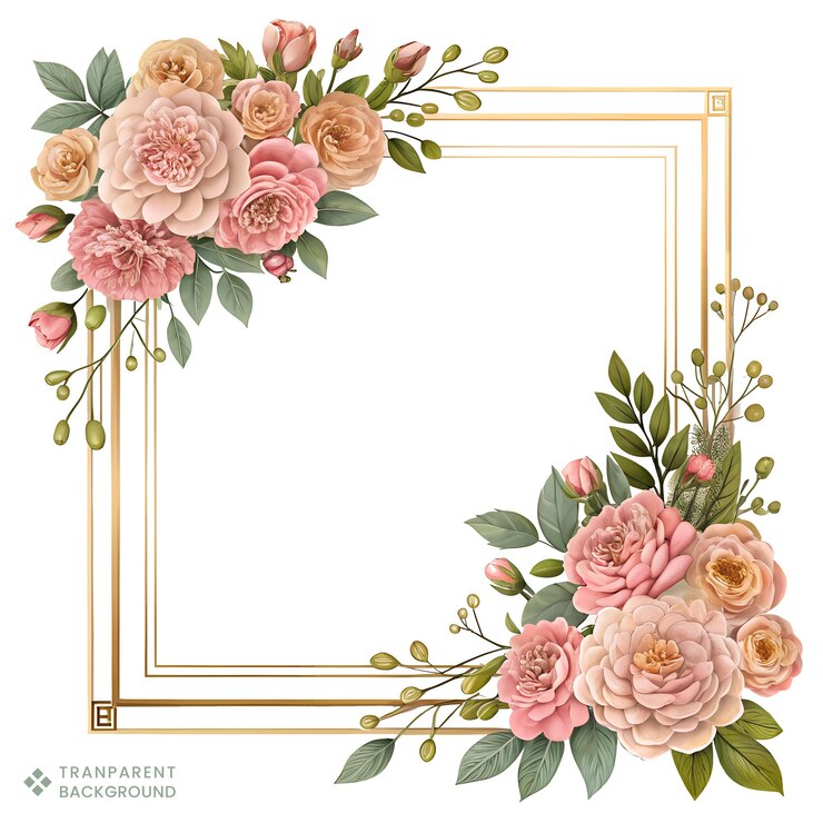 PSD marco floral elegante cuadrado con rosas y detalles dorados borde decorativo de lujo