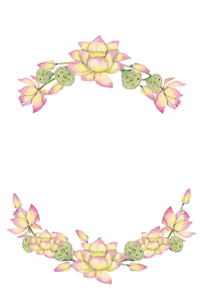 Marco floral con flores y hojas de loto Ilustración en acuarela para imprimir en folletos de tarjetas