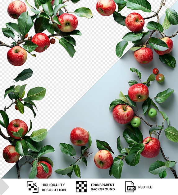 Marco de fondo transparente con rama de manzana con manzanas y hojas en un fondo aislado png