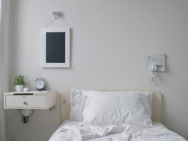 Marco de fotos blanco de maqueta de habitación de hospital en el hospital