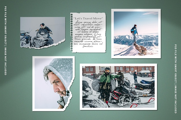 Marco de fotos de viaje con maqueta de moodboard con salpicaduras de tinta Premium Psd