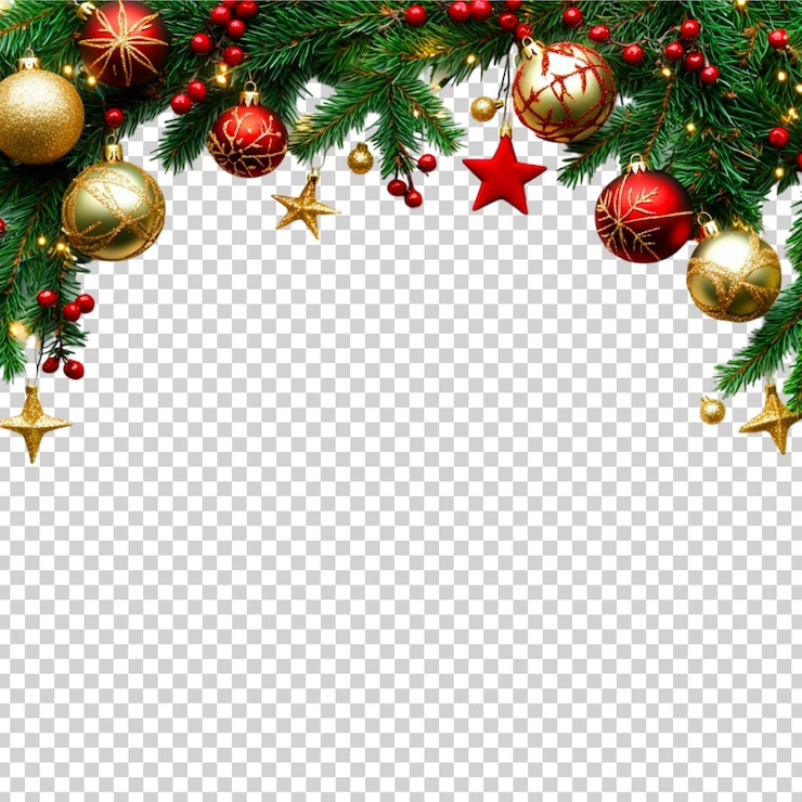 PSD el marco de la frontera festiva de navidad es de ramas de pino verde con adornos en un fondo transparente