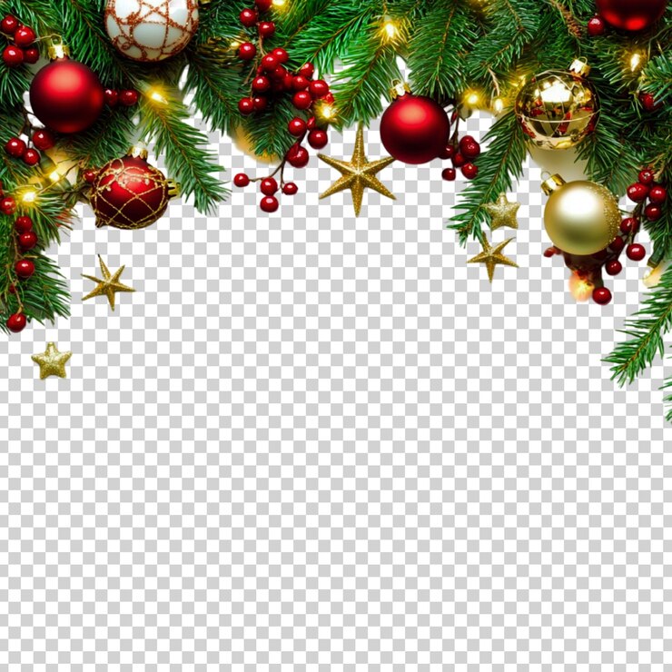 PSD el marco de la frontera festiva de navidad es de ramas de pino verde con adornos en un fondo transparente