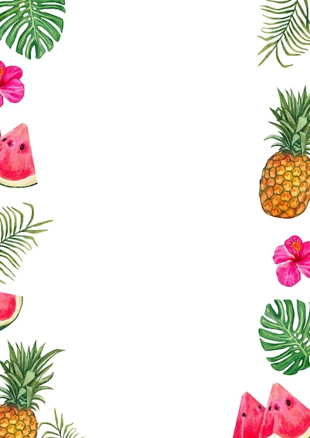 Marco de frutas y hojas en un concepto de playa de verano