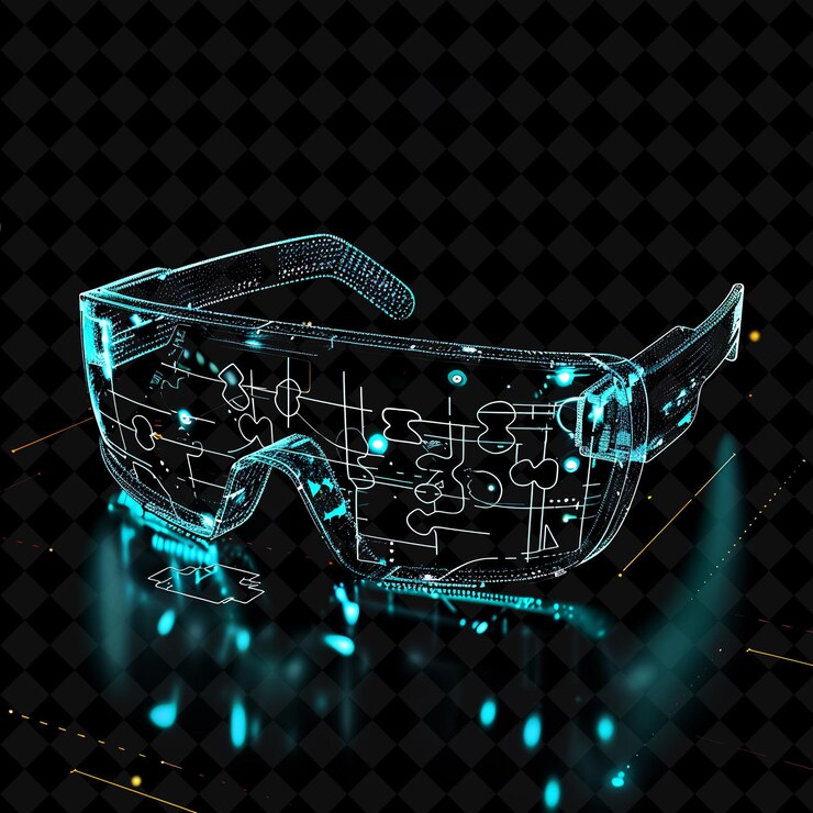 PSD el marco de las gafas de realidad aumentada png envuelto alrededor de iota con la forma de neón de dat y2k en fondo oscuro