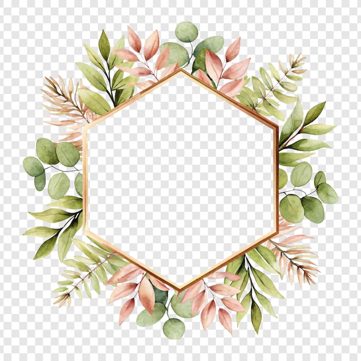 PSD marco hexagonal floral de acuarela con varias hojas