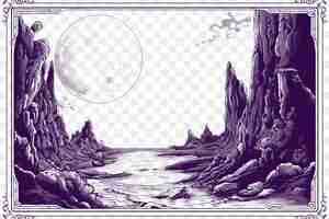 PSD marco de impresionante paisaje de fiordo con una luna llena y un acantilado escarpado tatuaje de contorno cortado por cnc