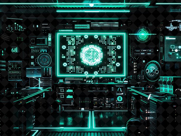 PSD marco de laboratorio cibernético png con símbolo de cardano laboratorio e y2k forma de neón en fondo oscuro