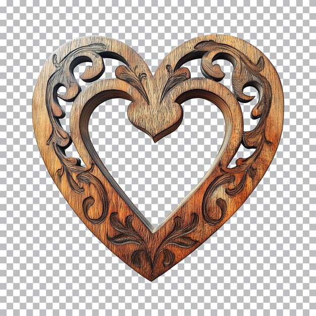Marco de madera ornamentado en forma de corazón aislado sobre un fondo transparente o blanco recortado en PNG