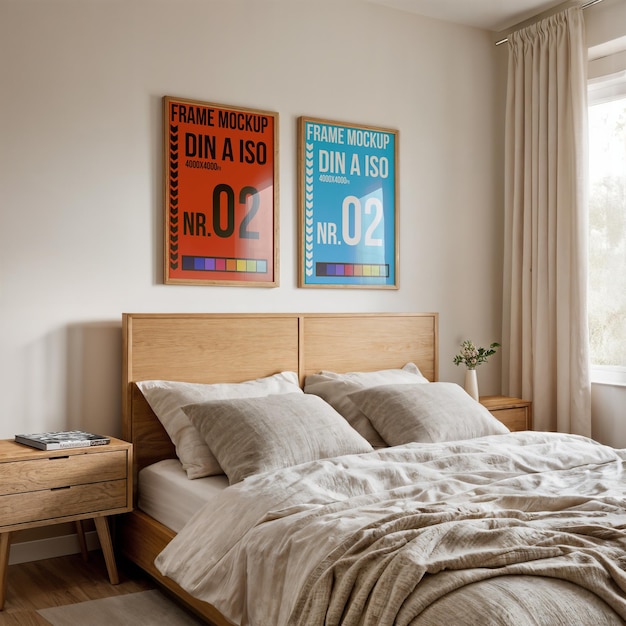 Marco Mockup dormitorio moderno acogedor interior escena luz natural y sombras DIN A Ratio PSD nr2