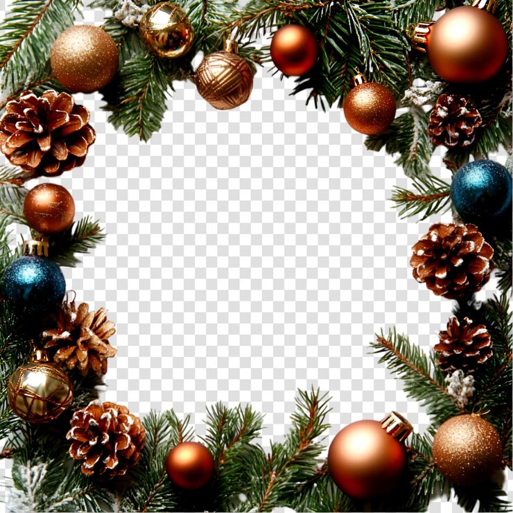 PSD marco navideño con adornos y ramas de pino sobre un fondo transparente