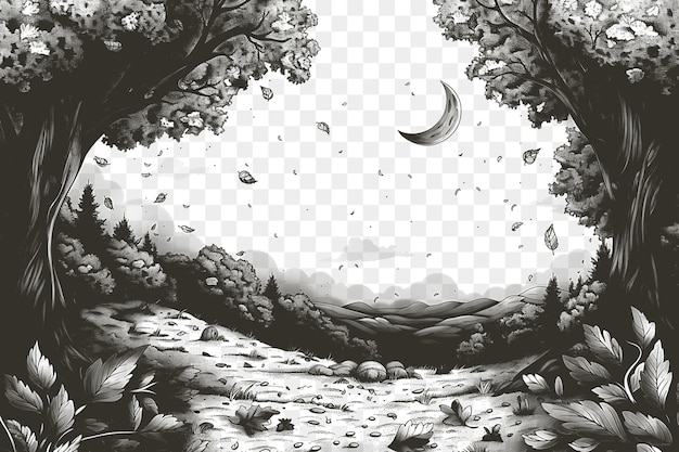 Marco de paisaje de bosque de otoño sereno con una luna creciente y otoño tatuaje de contorno de corte de CNC