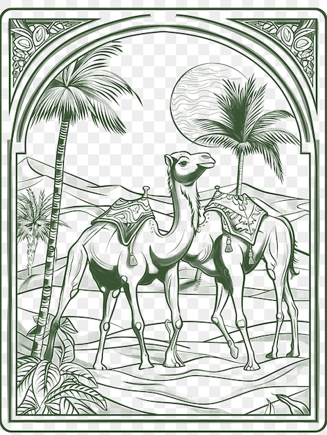 PSD marco de paisaje desértico con camellos y dunas de arena tatuaje tradicional de arena cnc de corte de contorno
