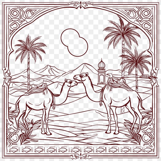 Marco de paisaje desértico con camellos y oasis tatuaje de contorno de mosaico de corte cnc de oriente medio