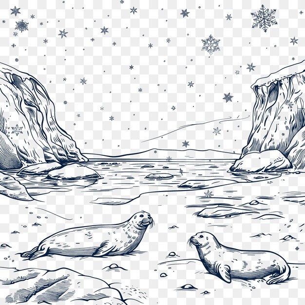 PSD marco de paisaje de glaciar con focas e icebergs escandinavo mínimo tatuaje de contorno de corte cnc