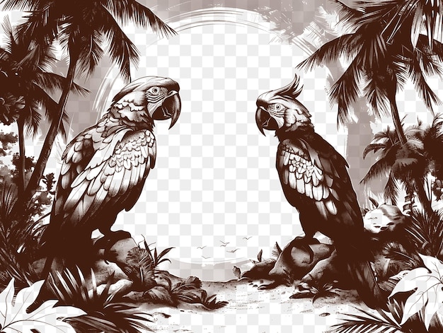 PSD marco de paisaje de la isla con loros y palmeras de coco fijian triba cnc die cut contorno tatuaje
