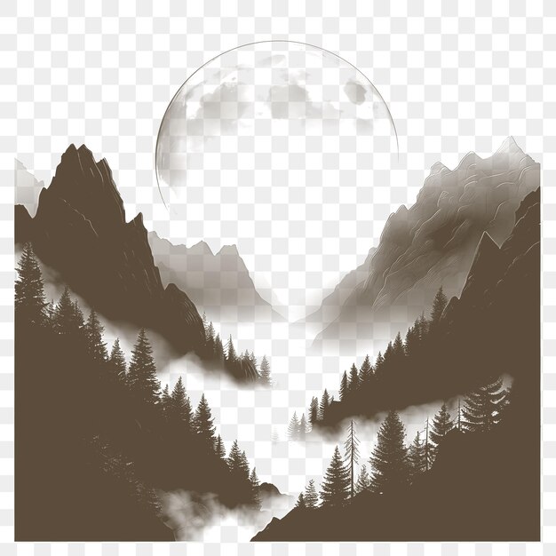 Marco de paisaje montañoso brumoso con una luna de otoño encerrado en un tatuaje de contorno de corte de cnc