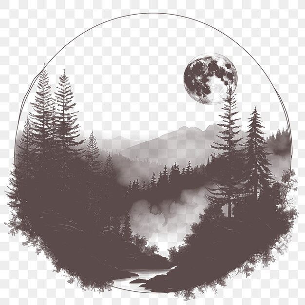 Marco de paisaje montañoso brumoso con una luna de otoño encerrado en un tatuaje de contorno de corte de cnc