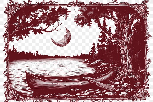 PSD marco de paisaje panorámico del río con una media luna y una canoa solitaria tatuaje de contorno de corte cnc