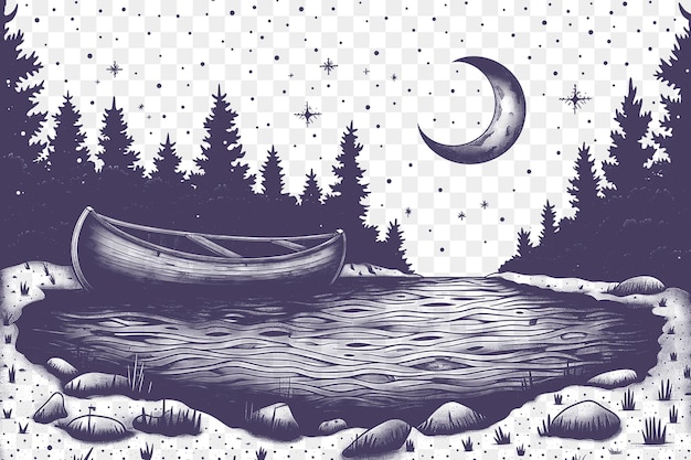 Marco de paisaje panorámico del río con una media luna y una canoa solitaria tatuaje de contorno de corte cnc