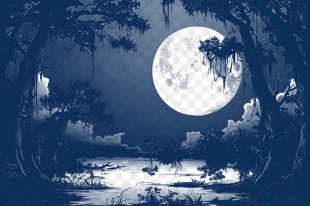 Marco de un paisaje pantanoso e inquietantemente hermoso con una luna llena y un tatuaje de contorno de corte cnc.