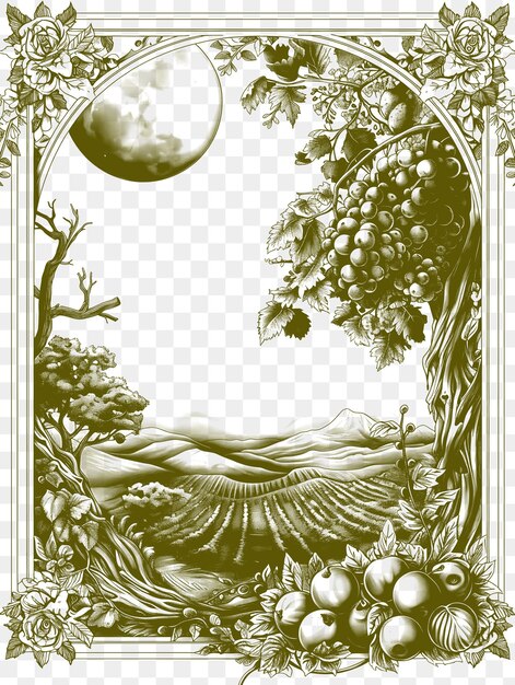 PSD marco de pintoresco paisaje de huerto con una luna llena y frutas maduras tatuaje de contorno cortado por cnc