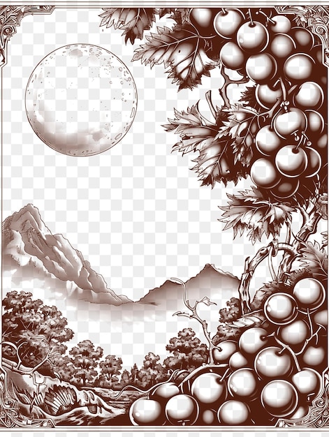 PSD marco de pintoresco paisaje de huerto con una luna llena y frutas maduras tatuaje de contorno cortado por cnc