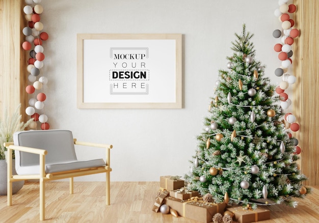 PSD marco de póster en la sala de decoración navideña psd mockup