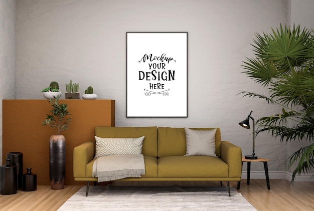 Marco de póster en salón psd mockup