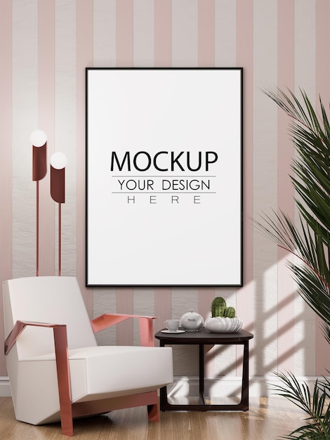 Marco de póster en salón psd mockup